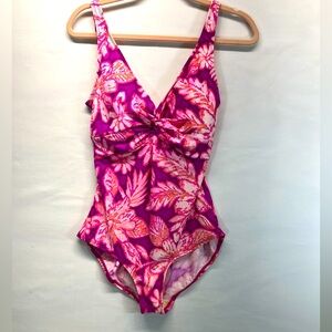 ROXANNE ONE PIECE SWIMSUIT SZ 14 38D TROPICAL FLORAL PURPLE/PINK W/TUMMY CONTROL